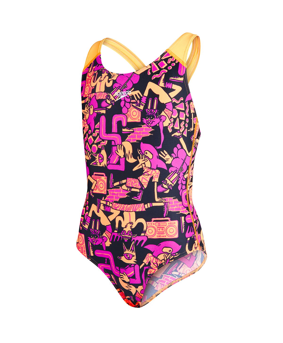 Speedo Girls Endurance Allover Splashback Print 24 Swimsuit Black Pink