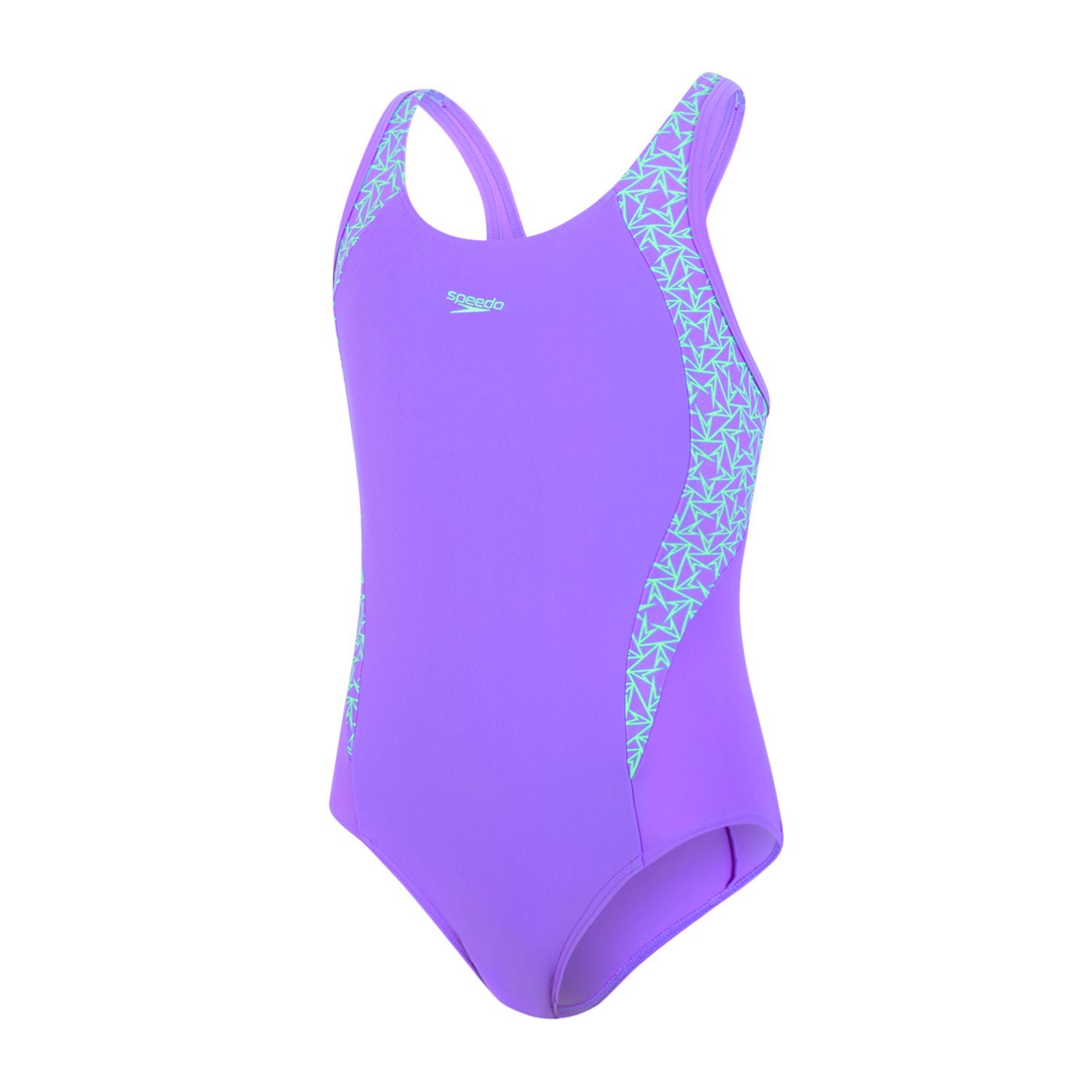 Speedo Boomstar Splice Flyback Girls Swimsuit Purple Green Run Charlie