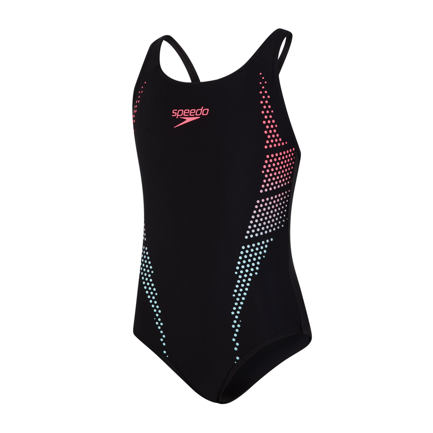 Speedo Plastisol Placement Muscleback Girls Swimsuit Black Red Run Charlie