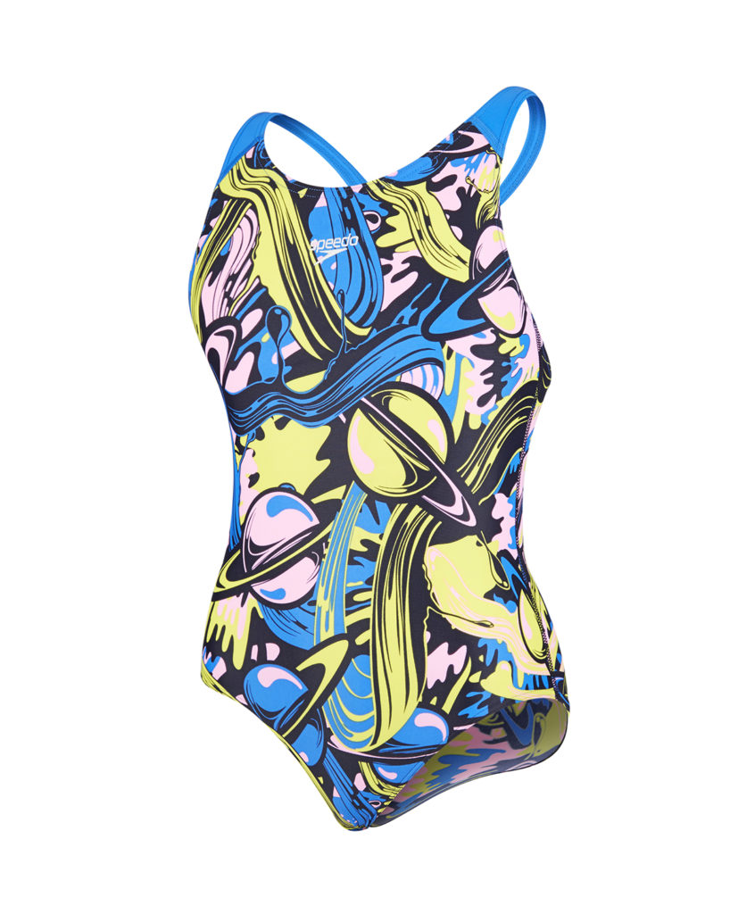 Speedo Girls Endurance Allover Splashback Print 47 Swimsuit Navy Lime