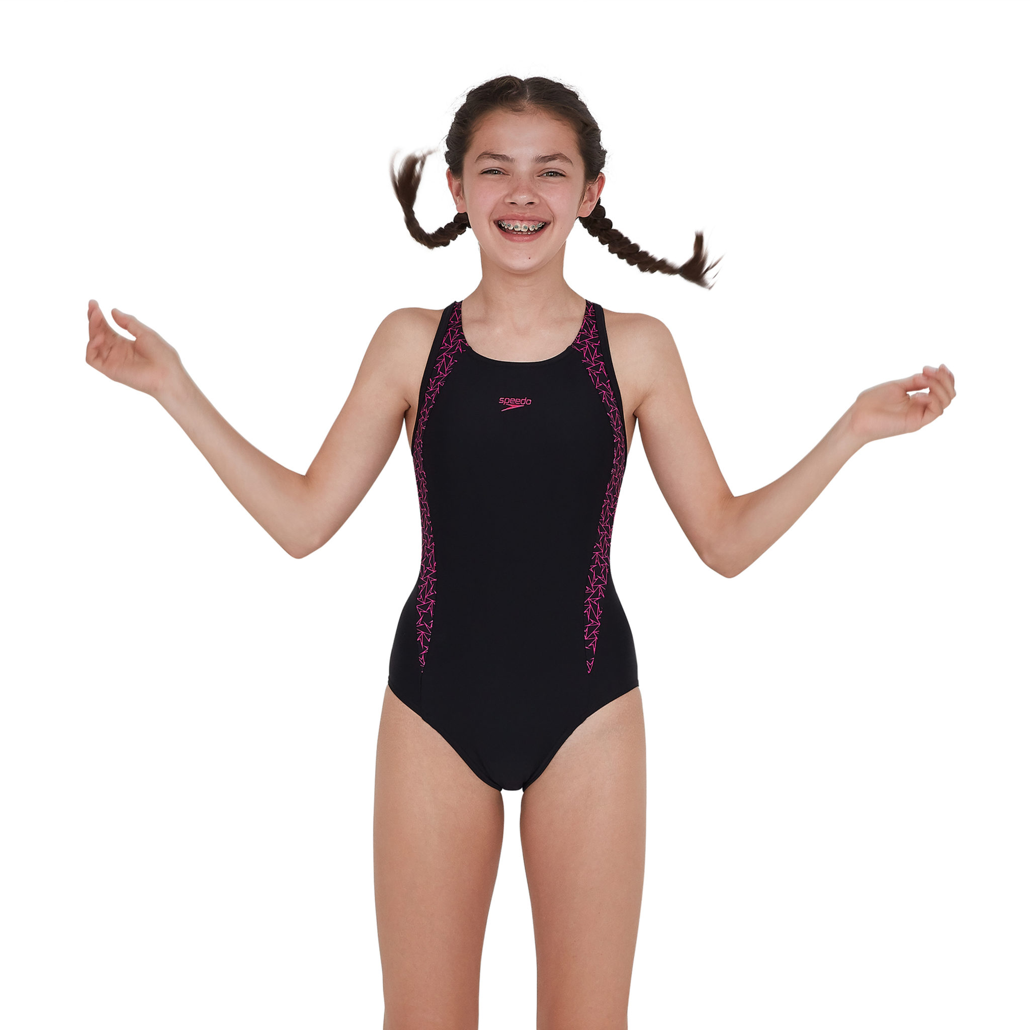 Speedo Boomstar Splice Flyback Girls Swimsuit Black Pink Run Charlie